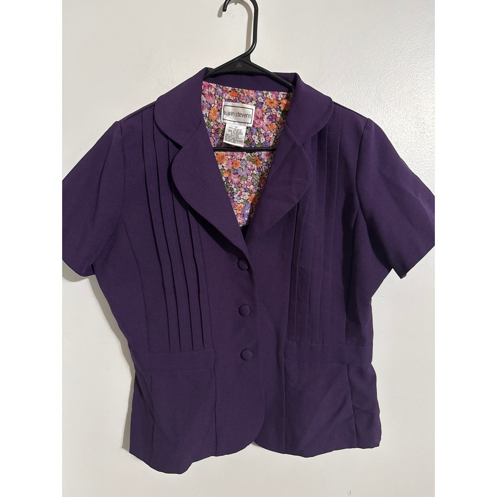 Karin Stevens Vintage Purple Short Sleeve Pintuck Blazer Jacket Floral Lining 12